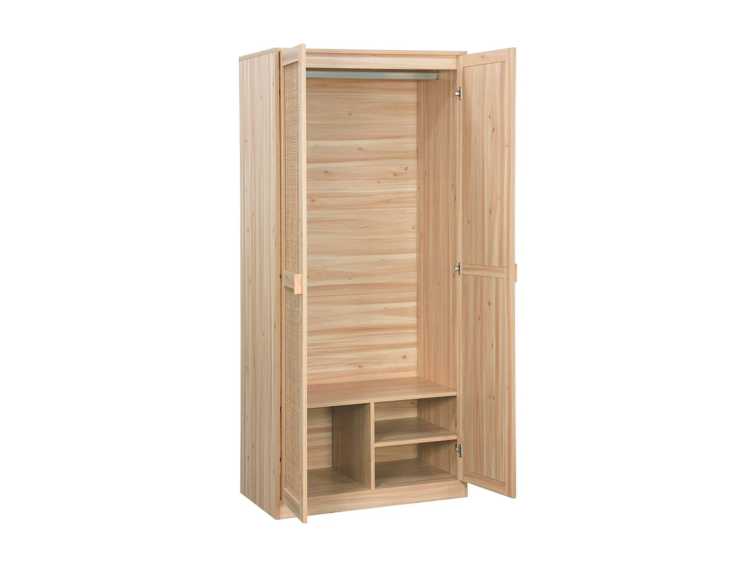 Armoire dressing cannage et effet bois. 2 portes avec penderie et rangements