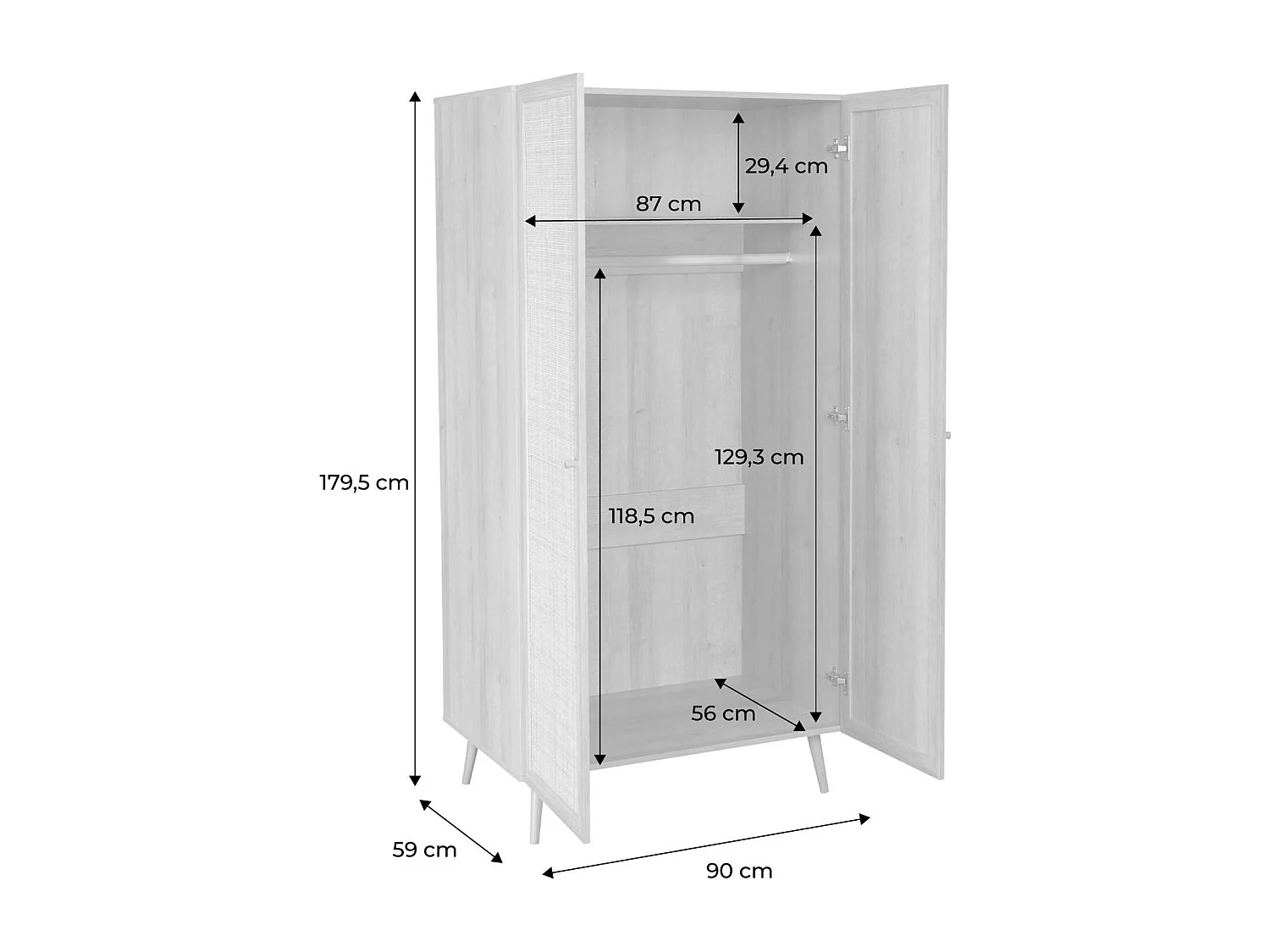 Armoire cannage et décor bois 2 portes avec étagère et tringle - Hauteur 179.5cm