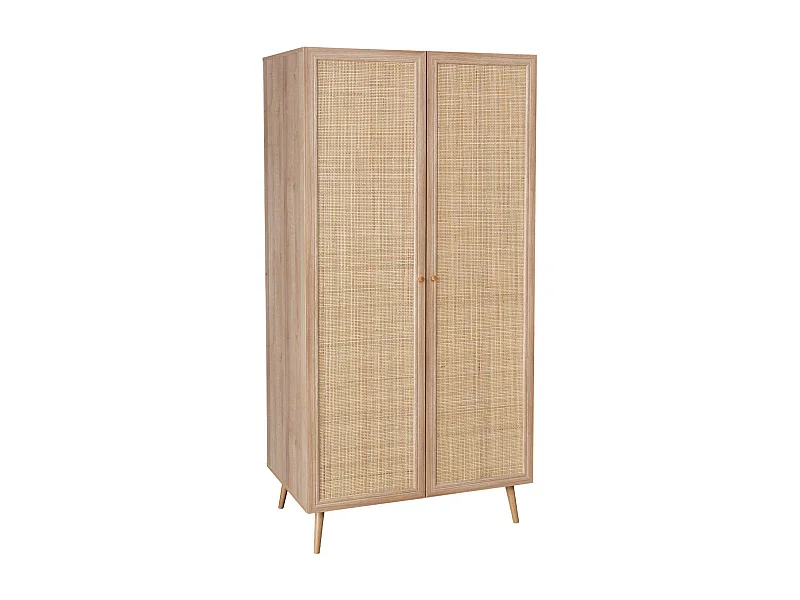 Armoire cannage et décor bois 2 portes avec étagère et tringle - Hauteur 179.5cm