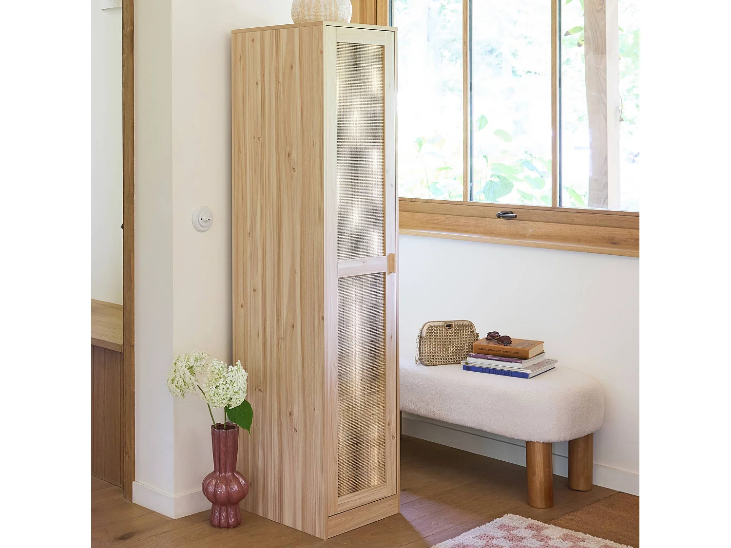 Armoire dressing cannage et effet bois. garde-robe 1 porte. 5 étagères H180cm