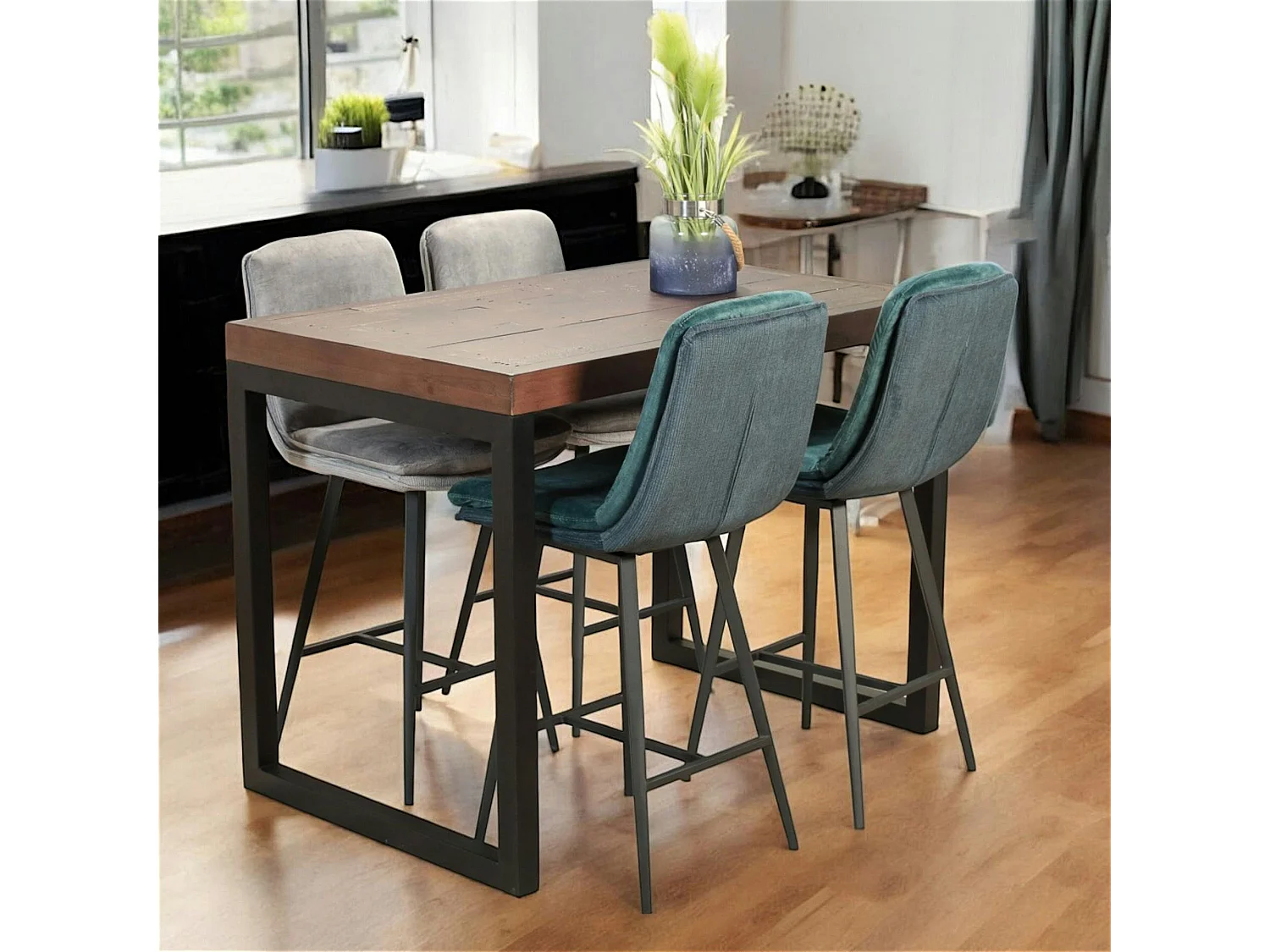 Chaise de bar en velours bleu à double coussinage (lot de 2) OKA