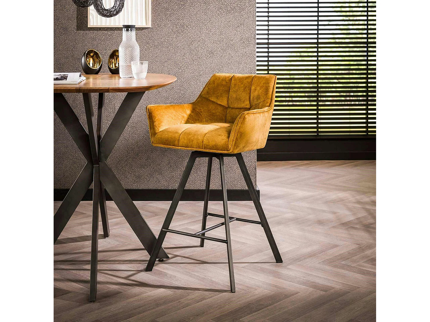 Chaise de bar confortable en velours moutarde avec fonction pivotante (lot de 2) MELBOURNE