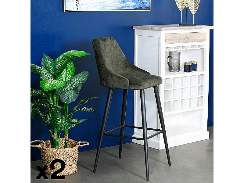 Chaise de bar velours vert kaki (lot de 2) MALMOE