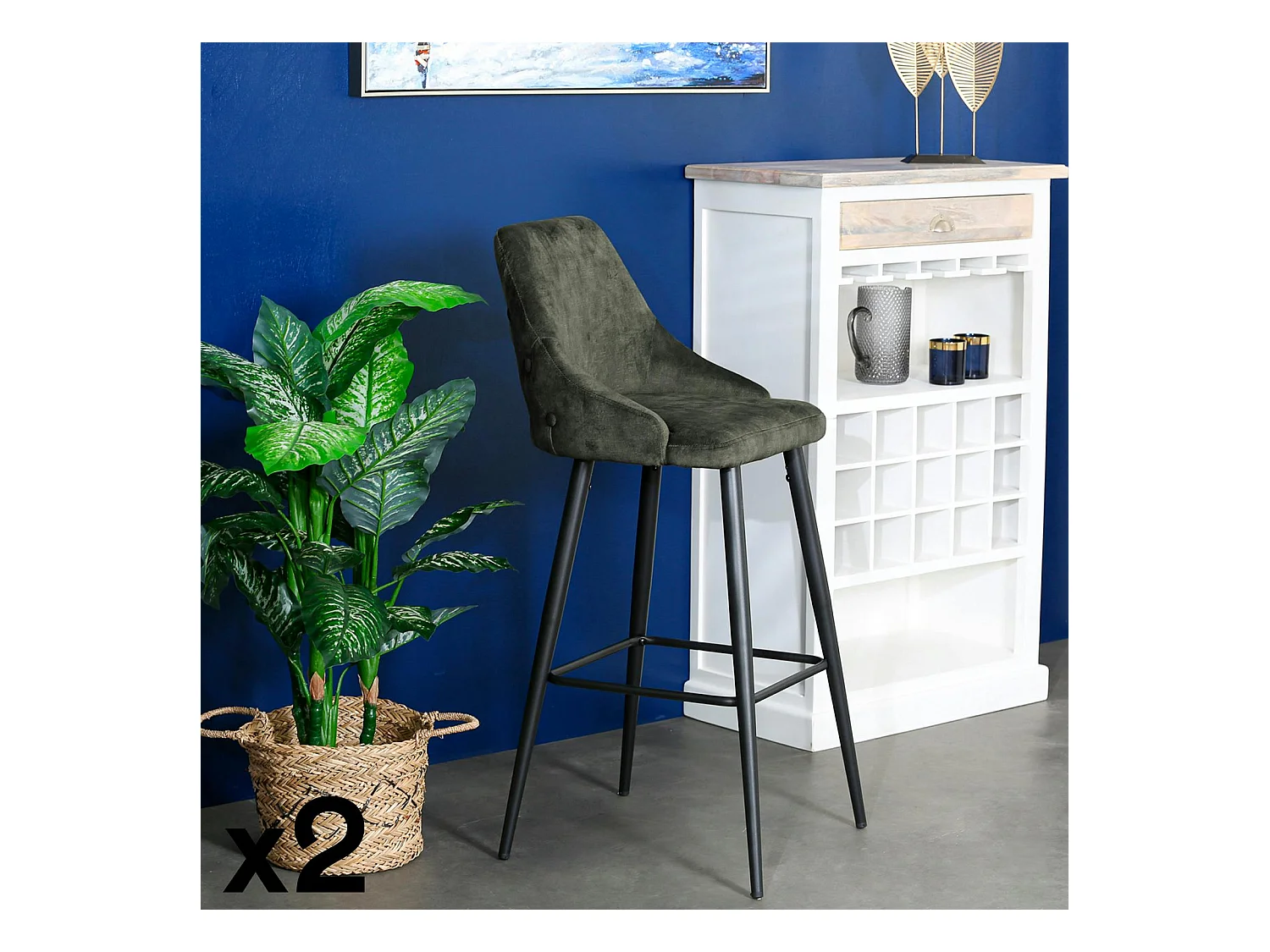 Chaise de bar velours vert kaki (lot de 2) MALMOE
