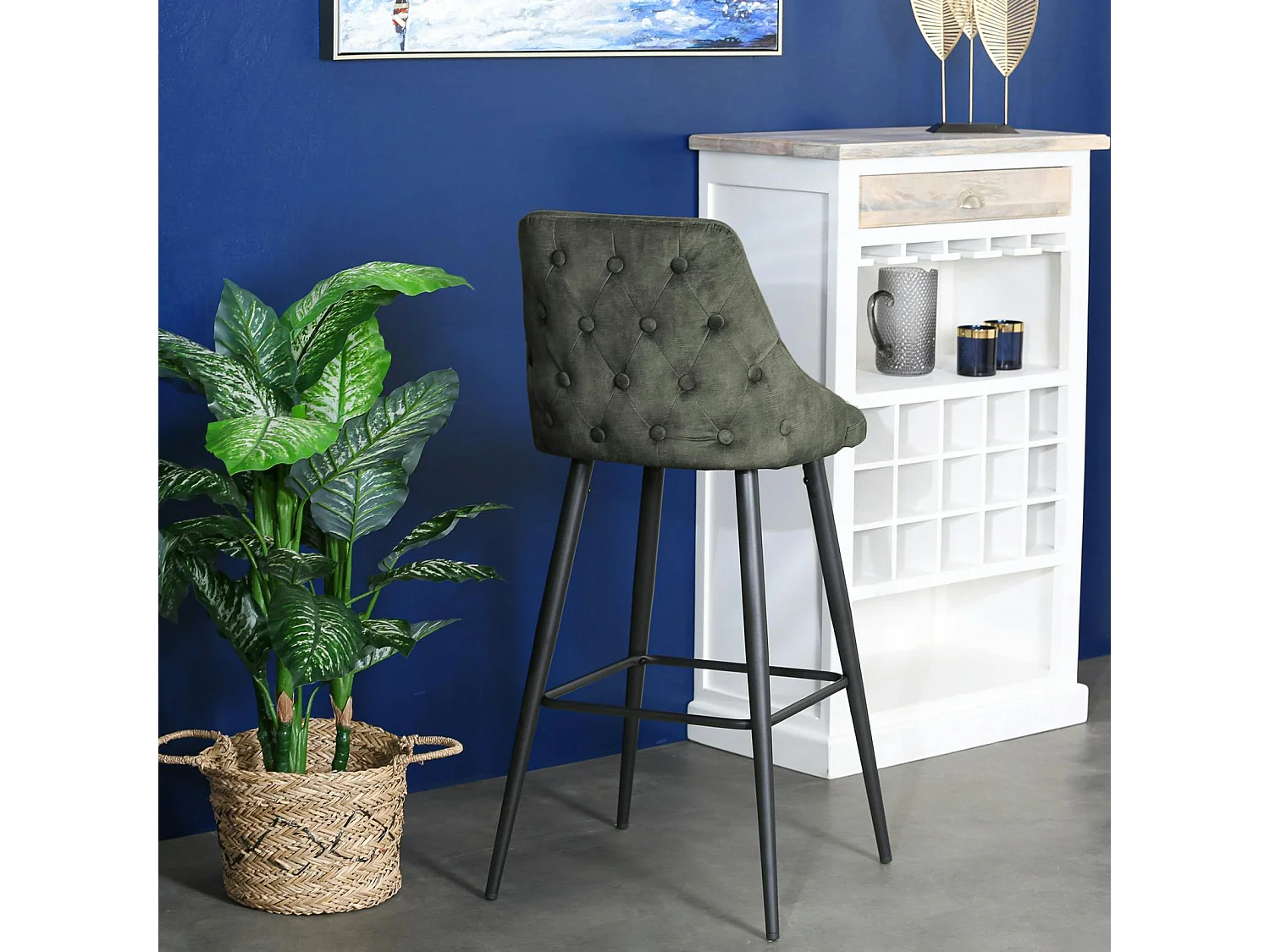 Chaise de bar velours vert kaki (lot de 2) MALMOE