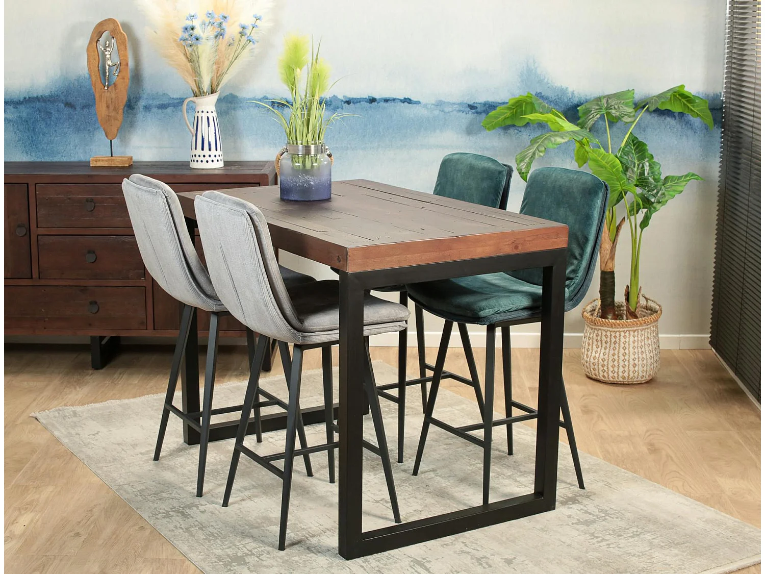 Chaise de bar en velours gris à double coussinage (lot de 2) OKA