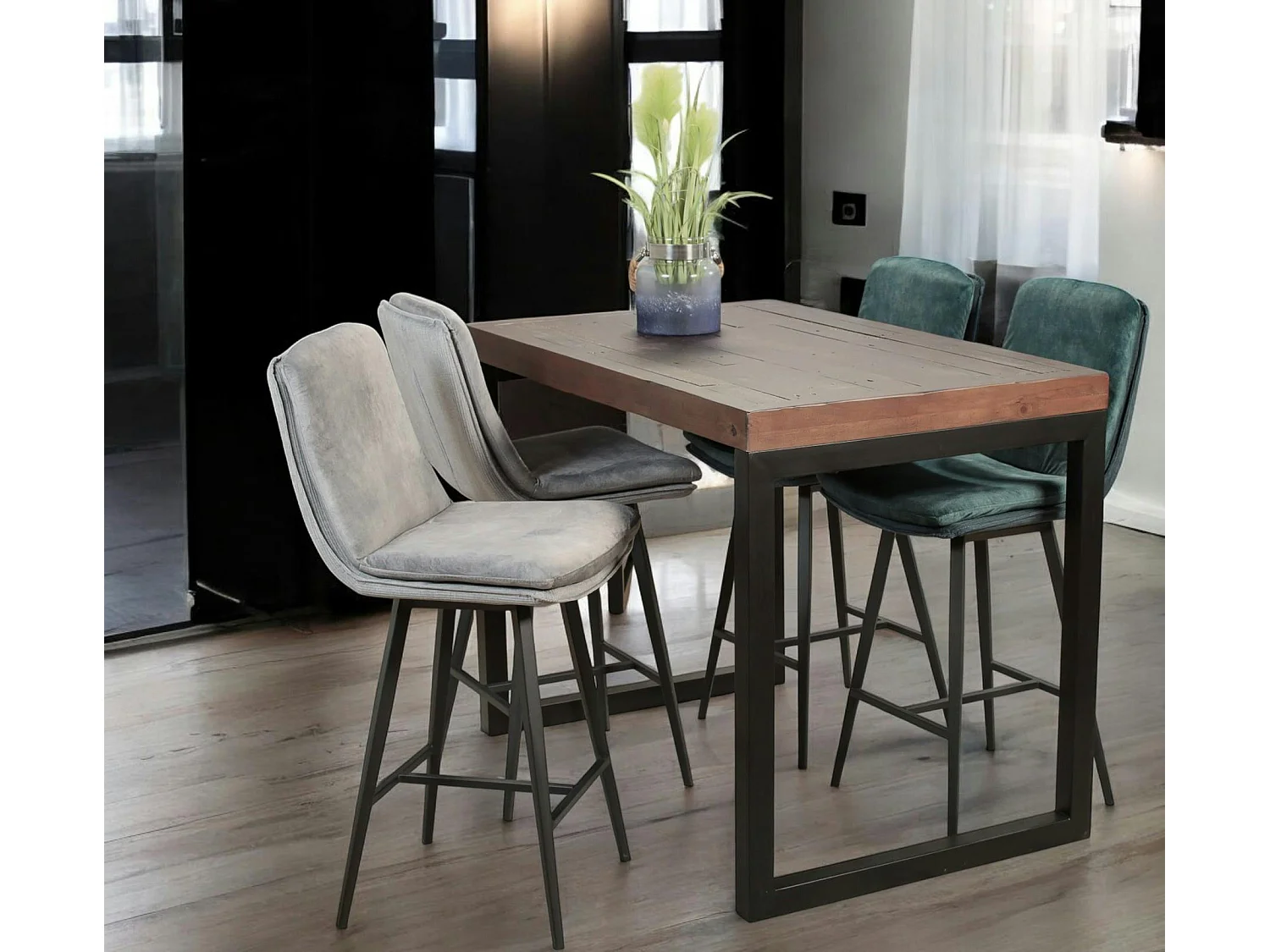 Chaise de bar en velours gris à double coussinage (lot de 2) OKA