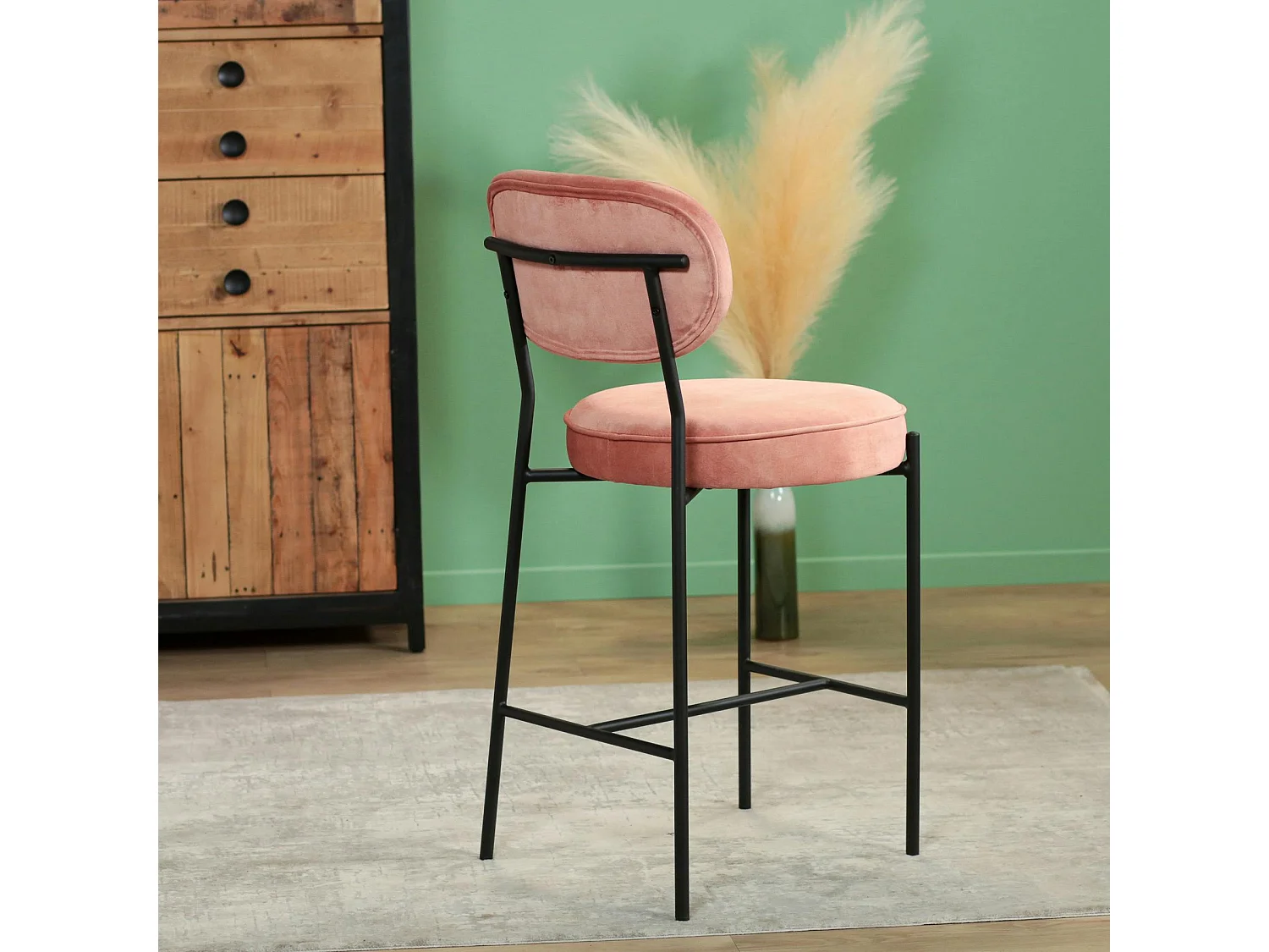Tabouret de bar design en velours rose pâle FLORENCE (lot 2)