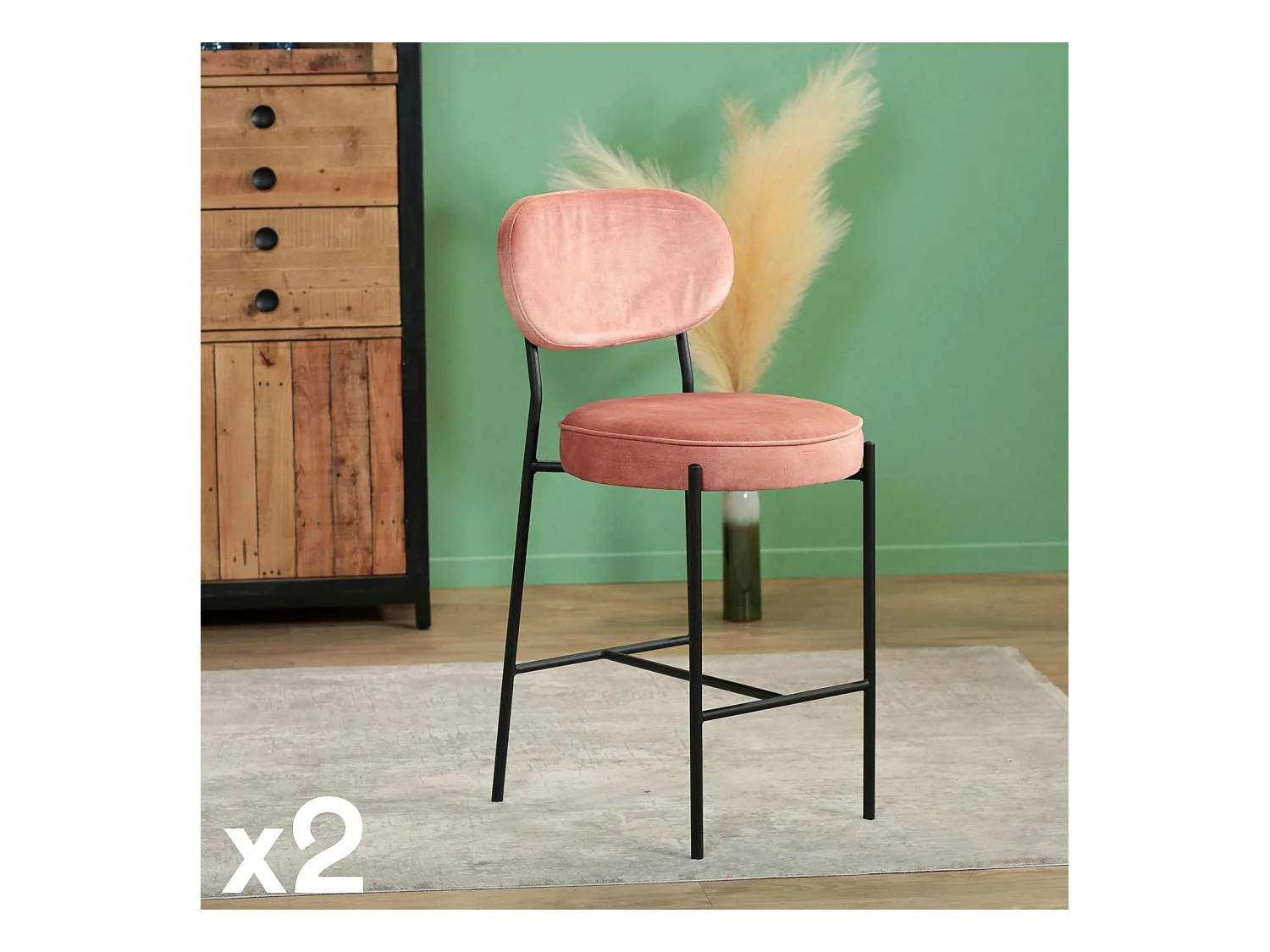Tabouret de bar design en velours rose pâle FLORENCE (lot 2)