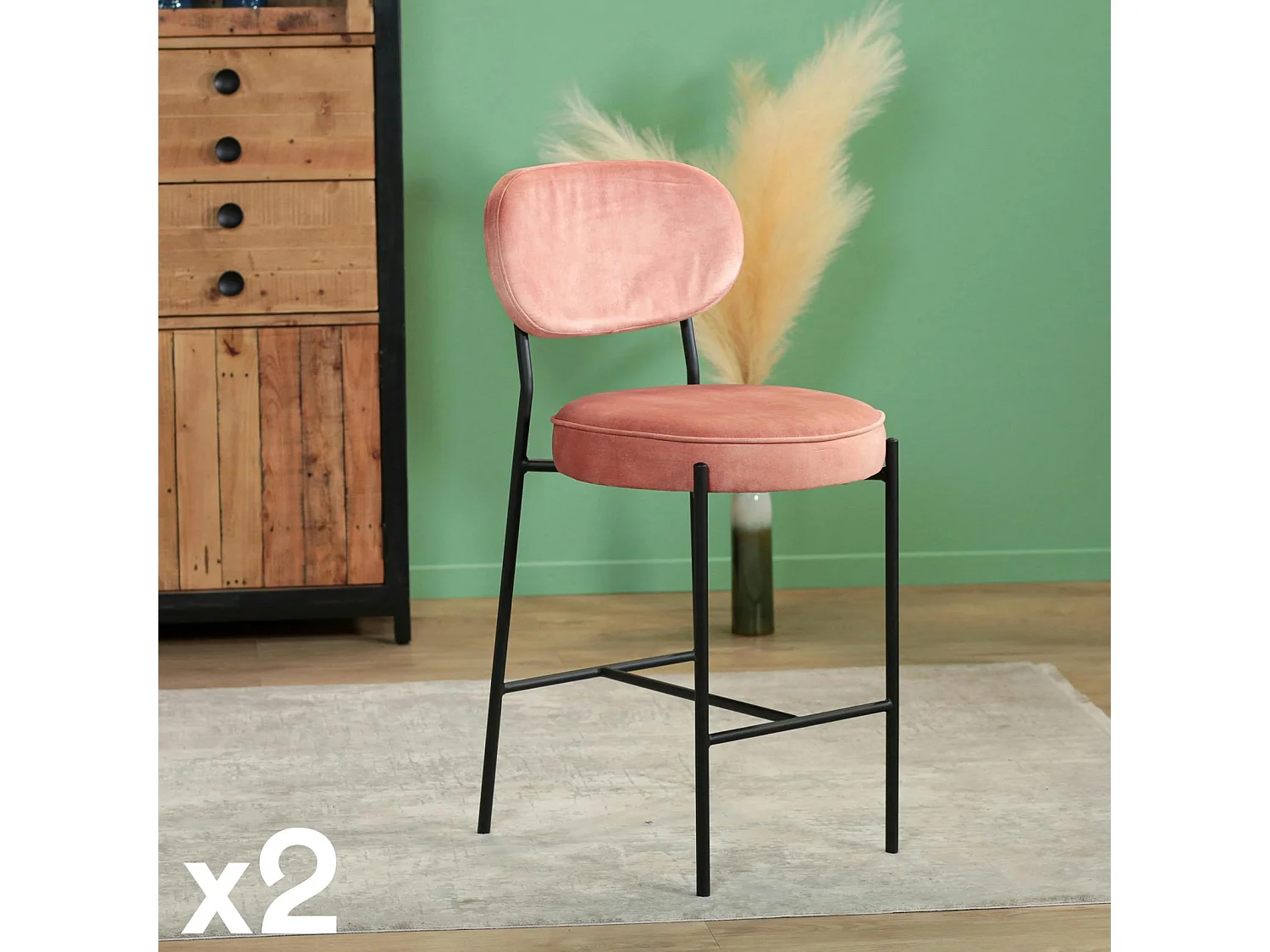 Tabouret de bar design en velours rose pâle FLORENCE (lot 2)