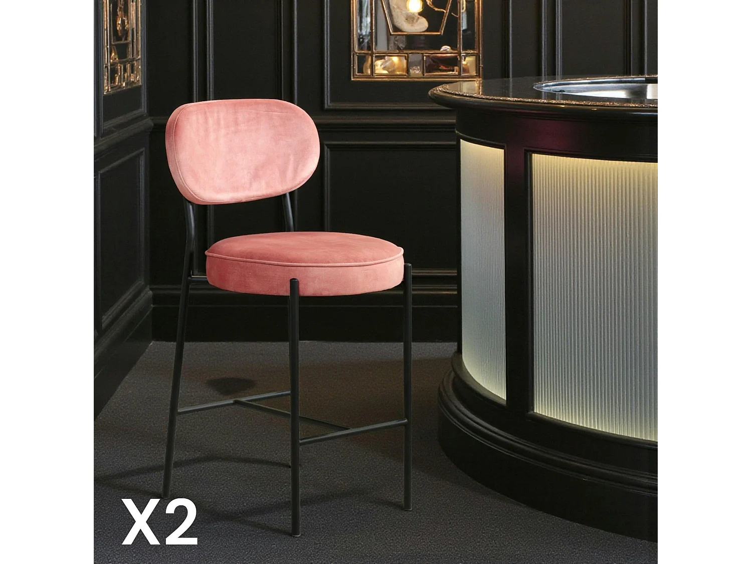Tabouret de bar design en velours rose pâle FLORENCE (lot 2)