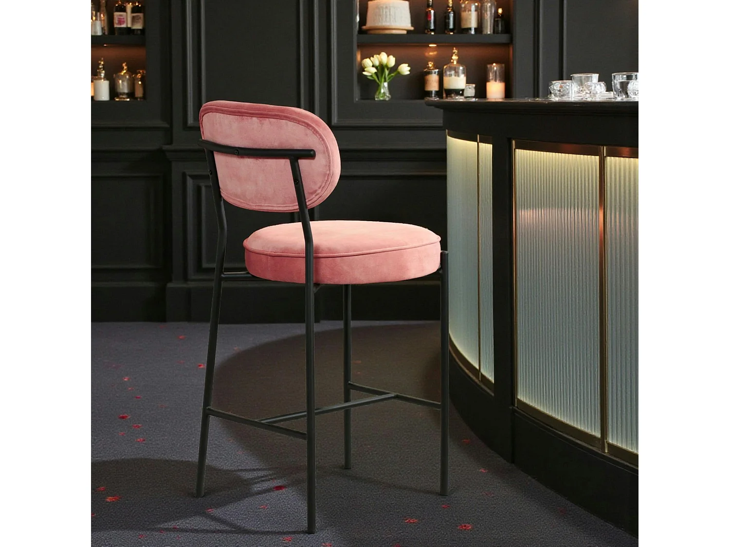 Tabouret de bar design en velours rose pâle FLORENCE (lot 2)