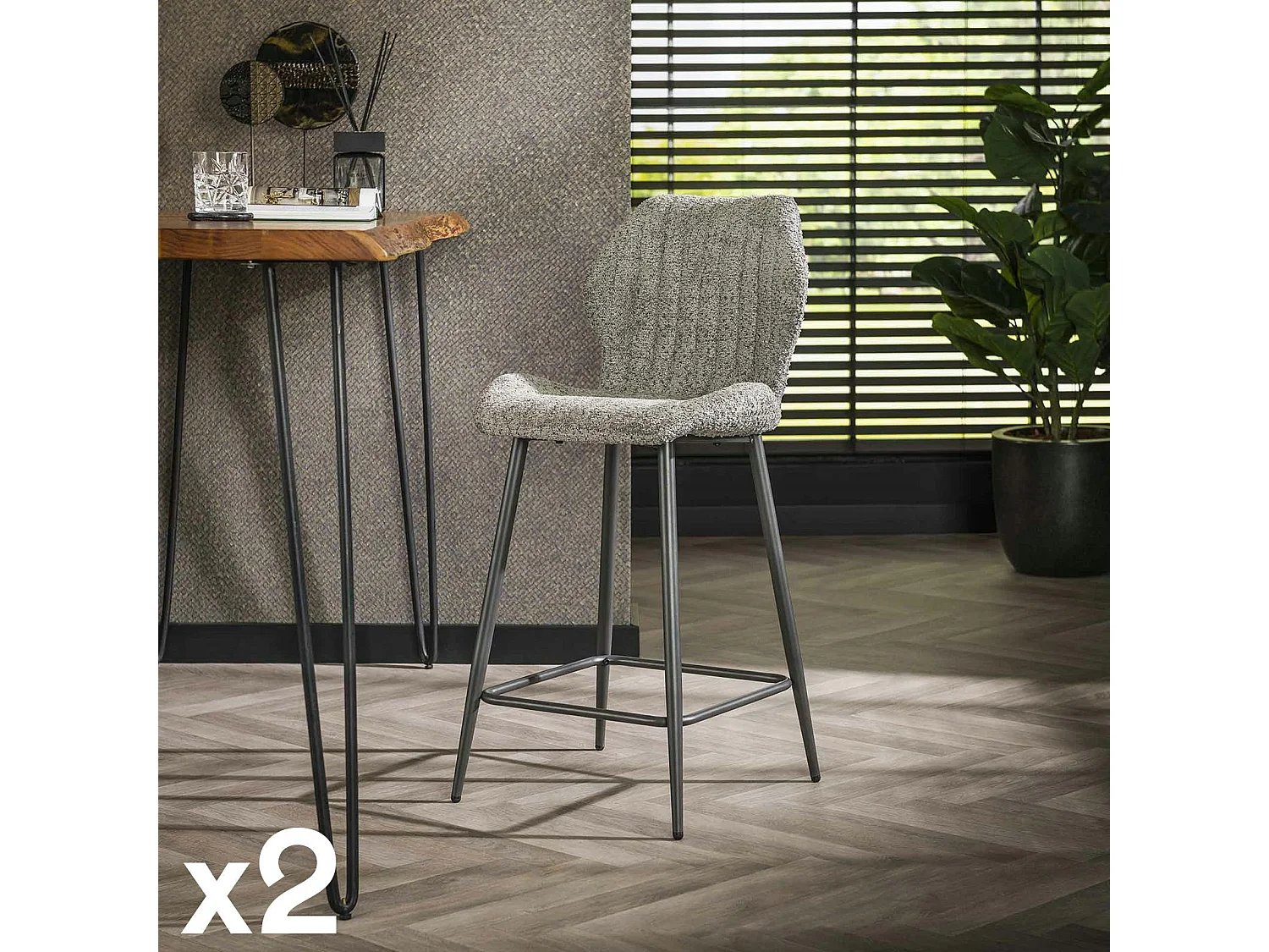 Chaise de bar grise en bouclette avec repose-pieds (lot de 2) GALWAY