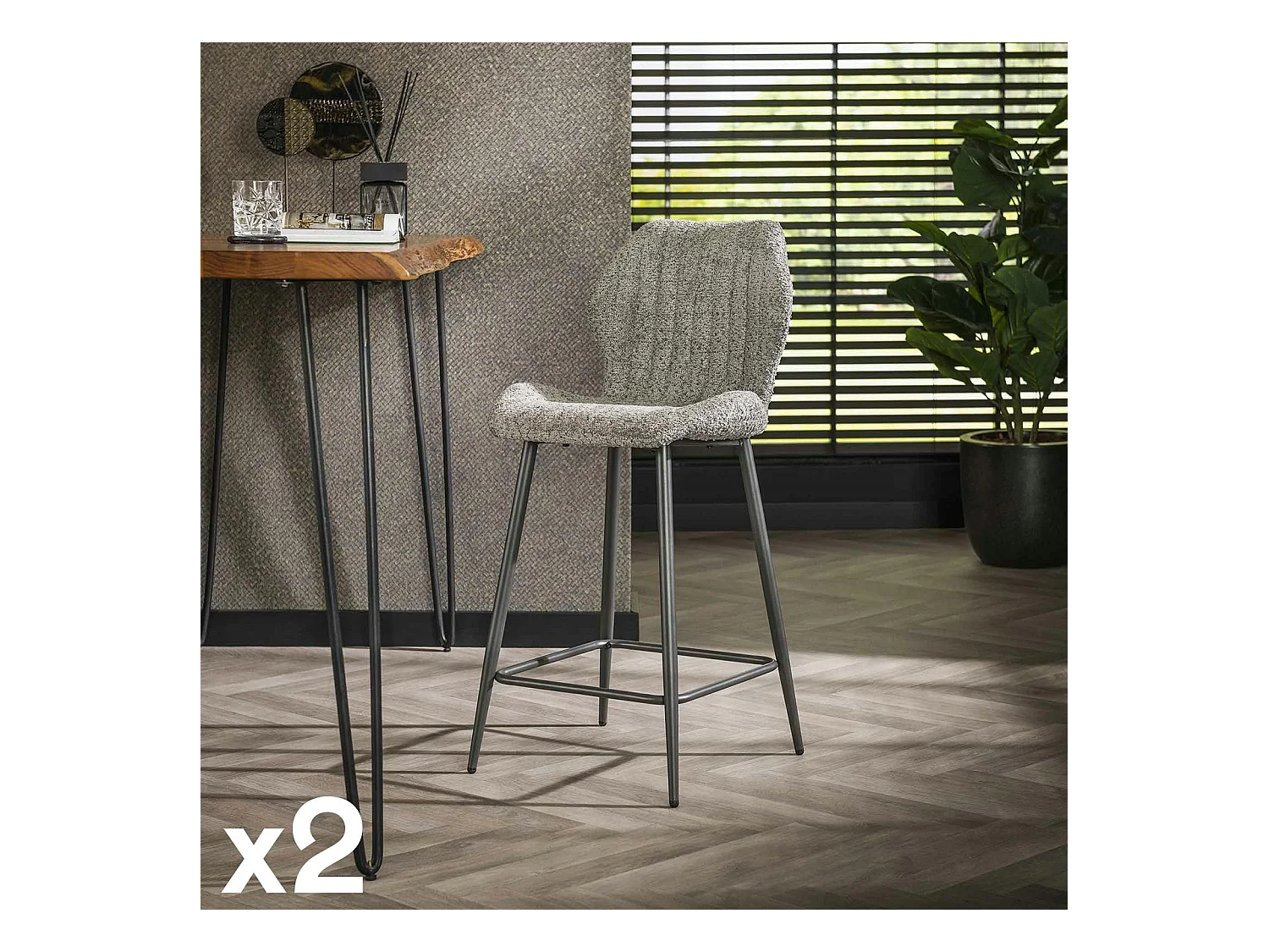 Chaise de bar grise en bouclette avec repose-pieds (lot de 2) GALWAY