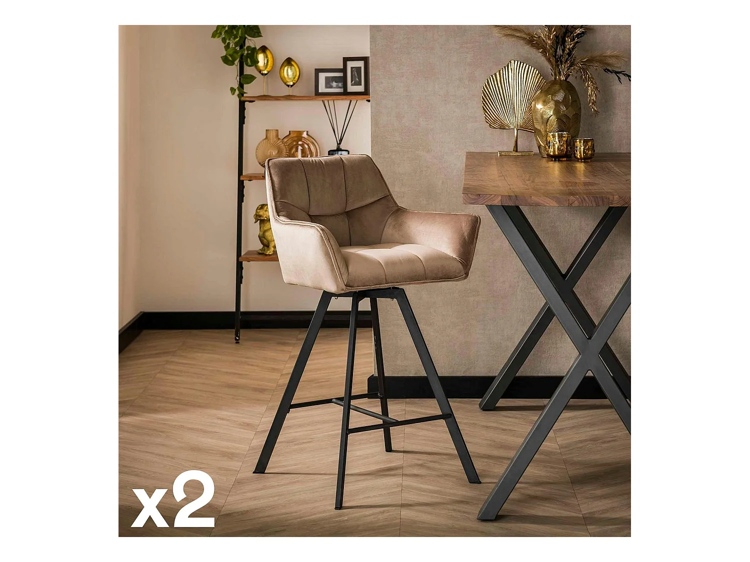 Chaise de bar confortable en velours cannelle avec fonction pivotante (lot de 2) MELBOURNE
