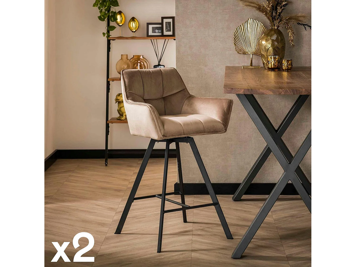 Chaise de bar confortable en velours cannelle avec fonction pivotante (lot de 2) MELBOURNE