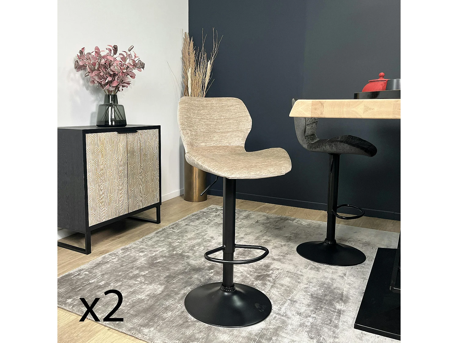 Chaise de bar moderne en velours taupe réglable en hauteur (lot de 2) PALERME