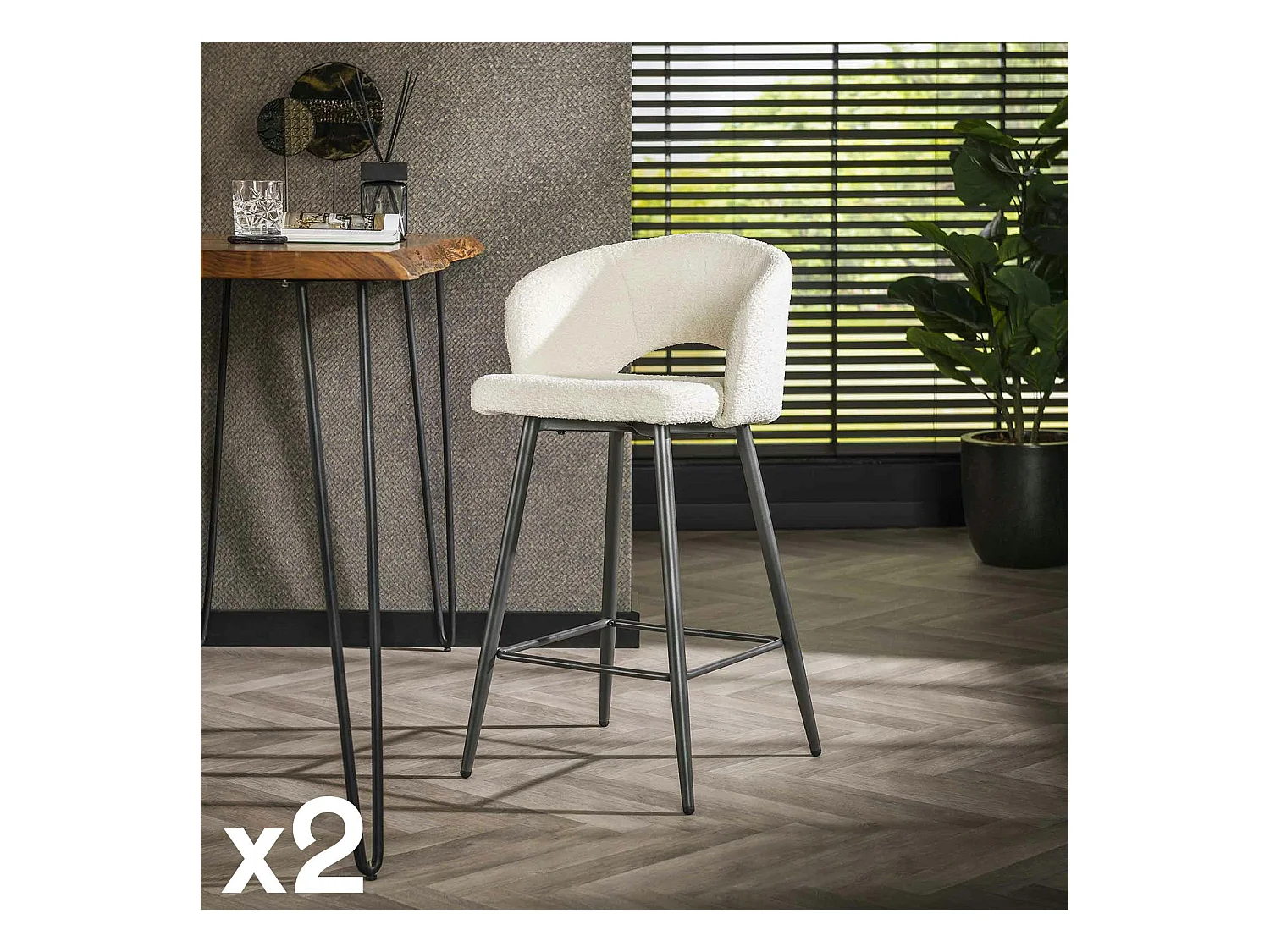 Tabouret de bar en tissu bouclette blanc avec dossier ouvert (lot de 2) GALWAY
