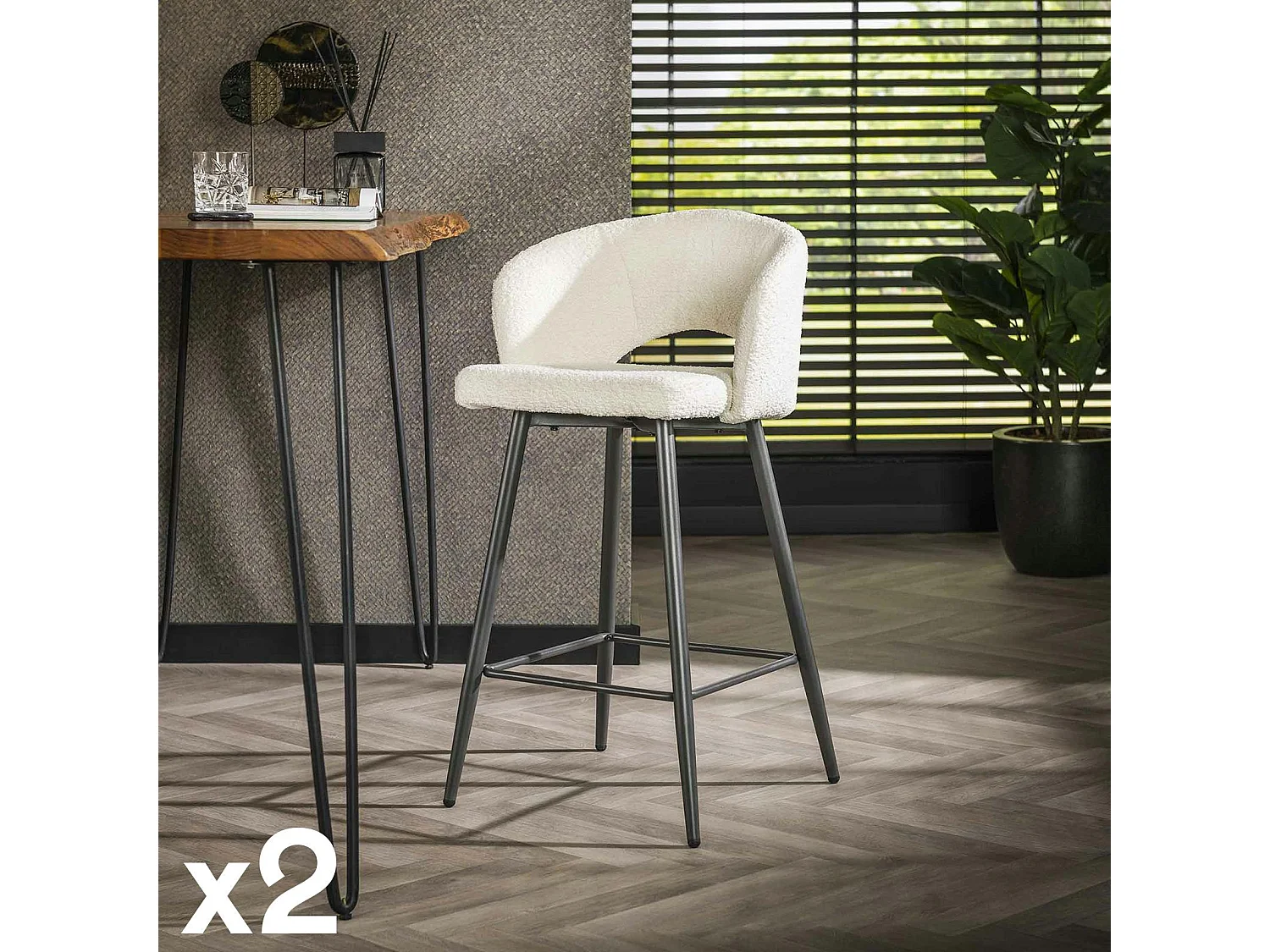 Tabouret de bar en tissu bouclette blanc avec dossier ouvert (lot de 2) GALWAY