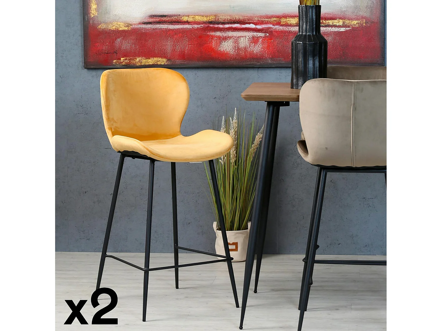 Chaise de bar en velours jaune style moderne (lot de 2) MELBOURNE