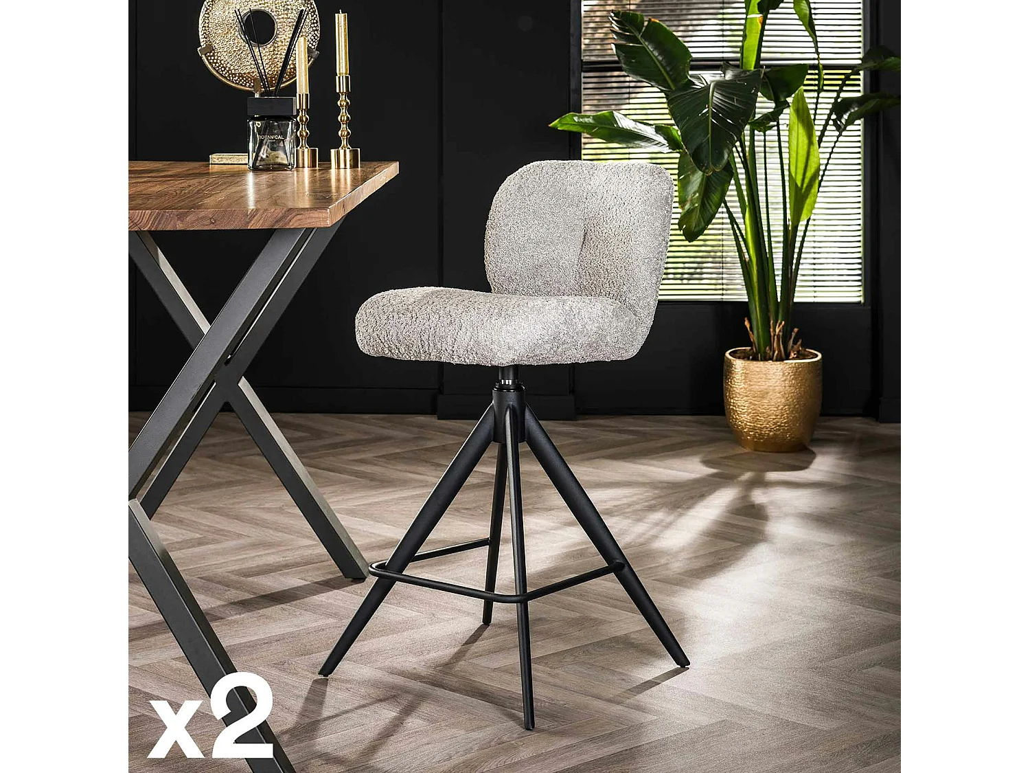 Tabouret de bar pivotant en bouclette grise (lot de 2) GALWAY