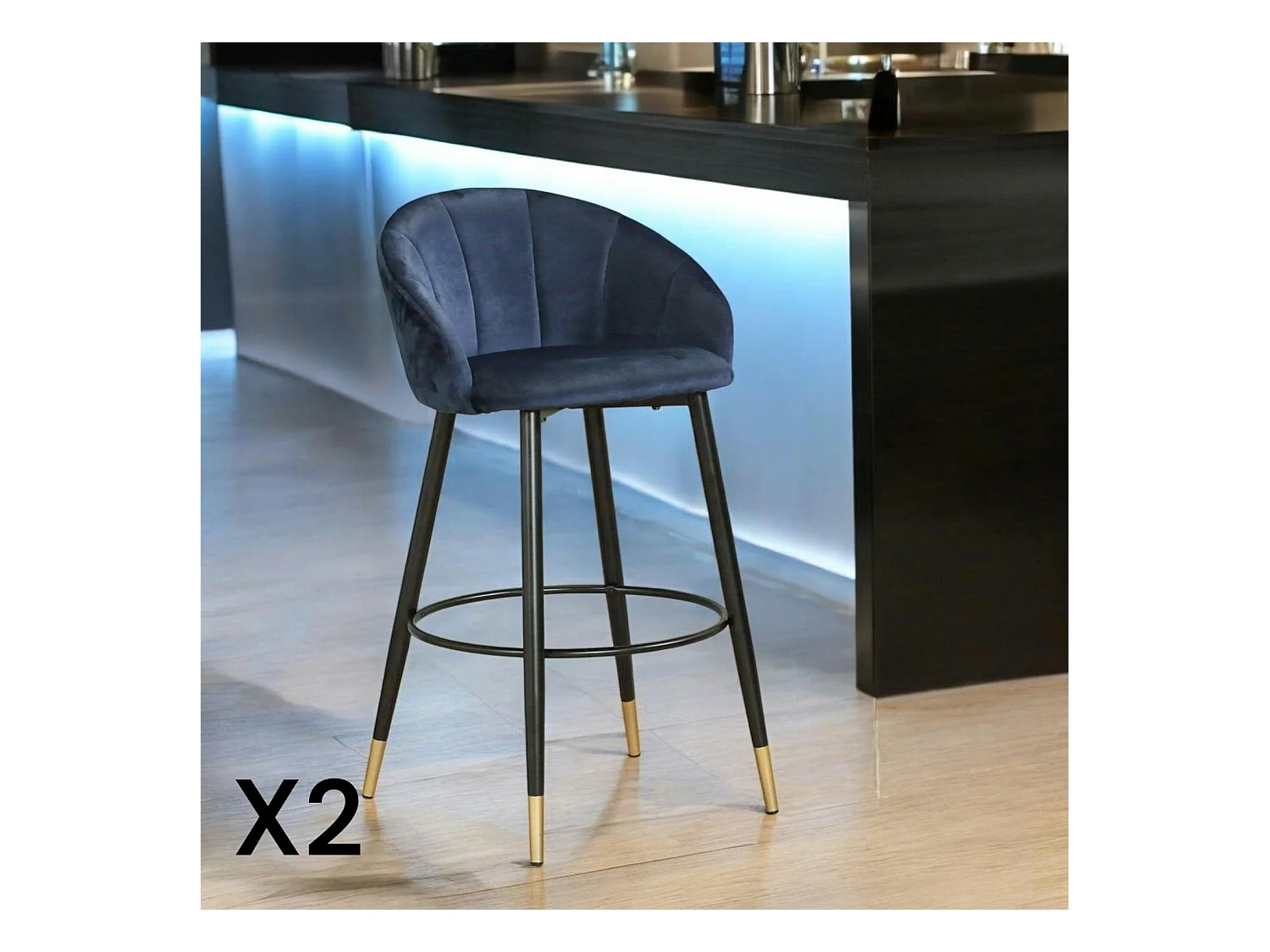Chaise de bar en velours bleu forme coquillage (lot de 2) HAWAI