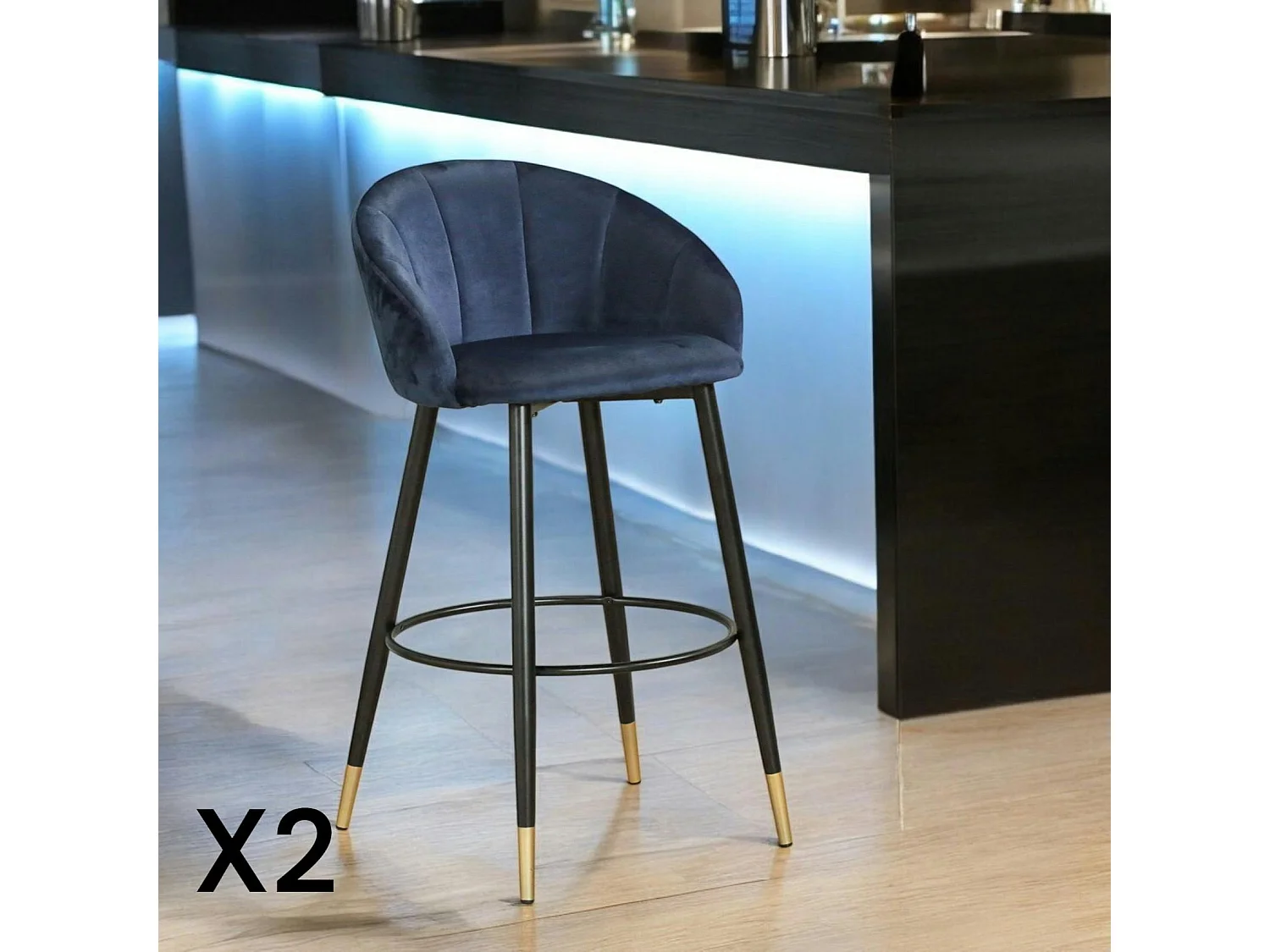 Chaise de bar en velours bleu forme coquillage (lot de 2) HAWAI