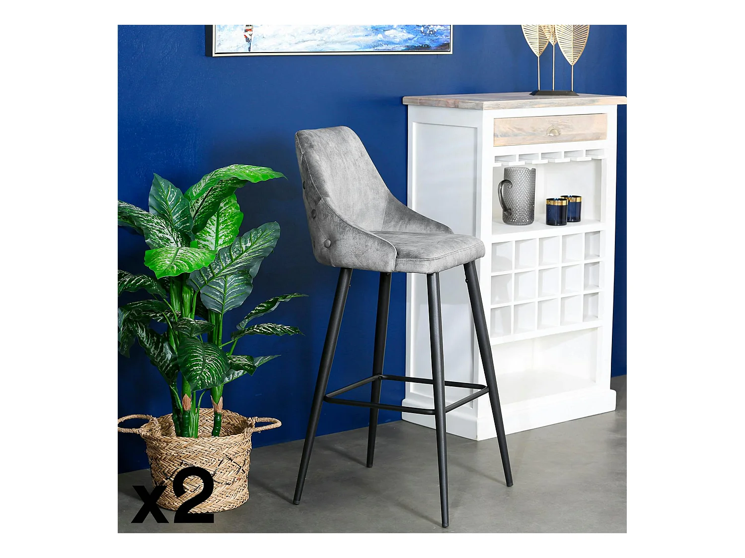 Chaise de bar velours gris (lot de 2) MALMOE
