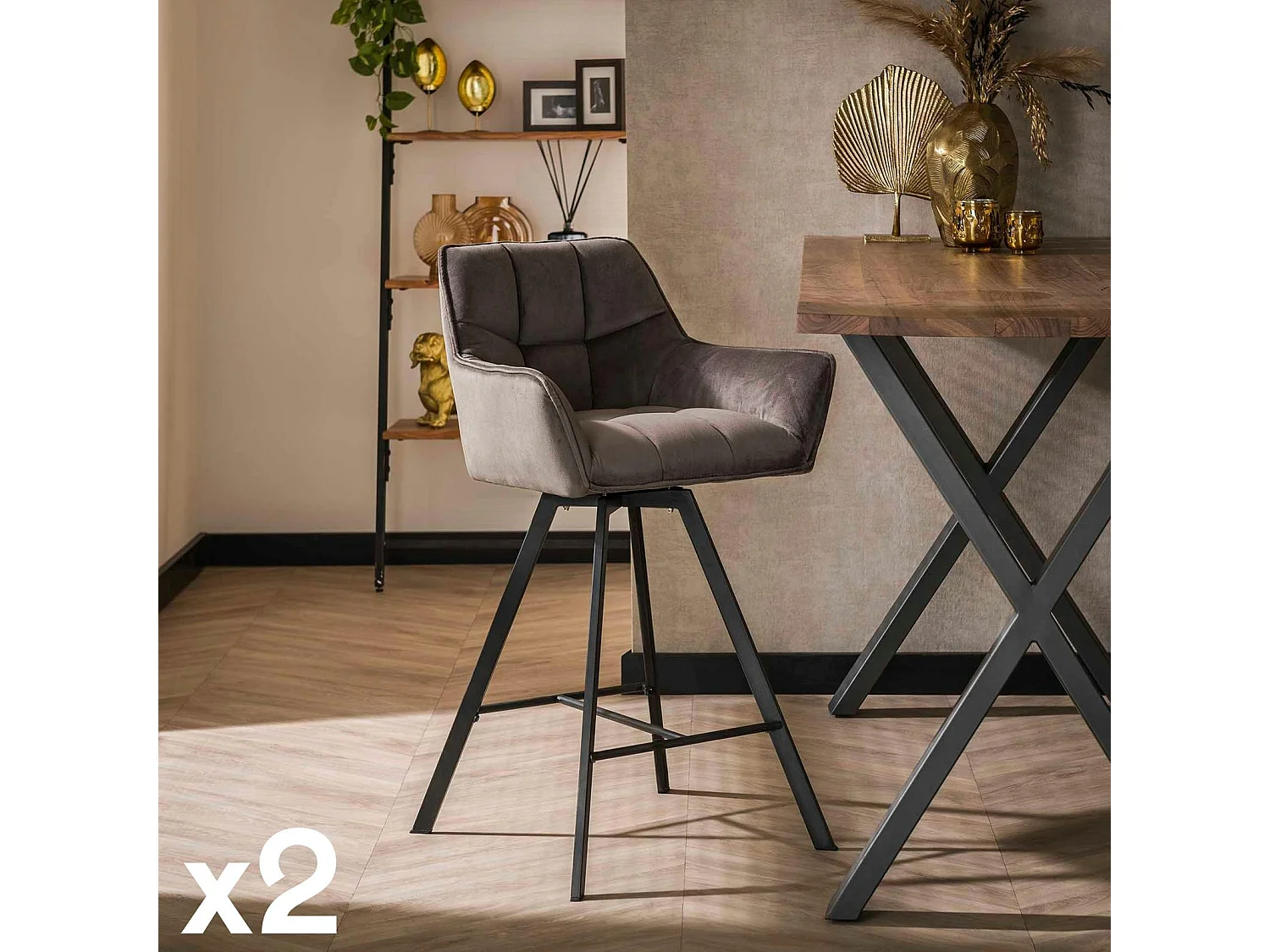 Chaise de bar confortable en velours gris avec fonction pivotante (lot de 2) MELBOURNE