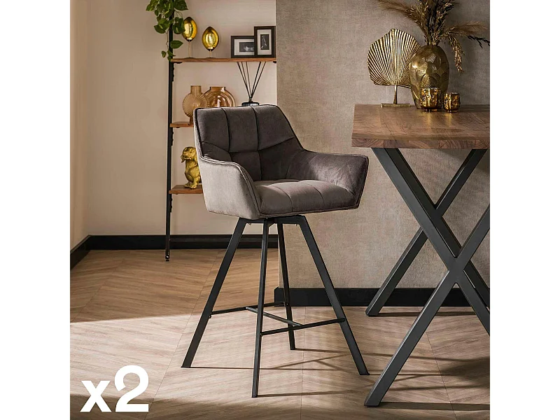 Chaise de bar confortable en velours gris avec fonction pivotante (lot de 2) MELBOURNE