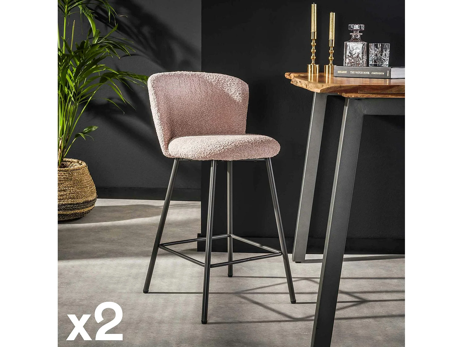 Tabouret de bar rose en tissu bouclette (lot de 2) GALWAY