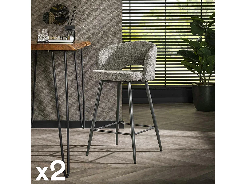 Tabouret de bar en tissu bouclette gris avec dossier ouvert (lot de 2) GALWAY