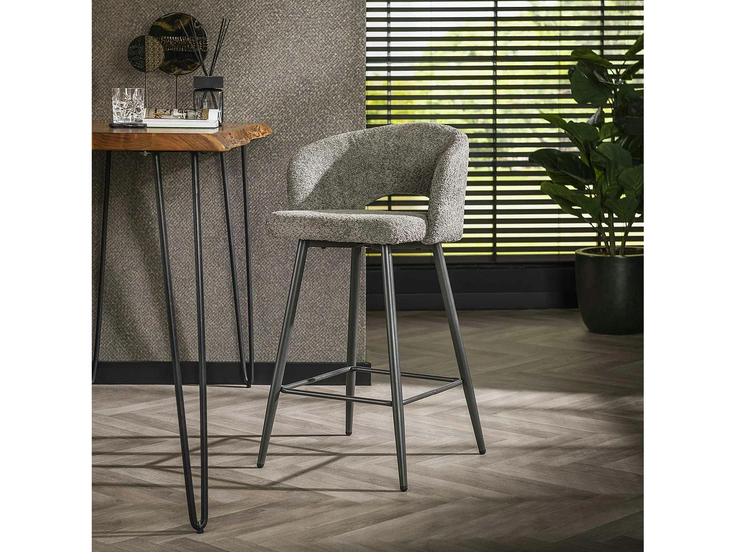 Tabouret de bar en tissu bouclette gris avec dossier ouvert (lot de 2) GALWAY