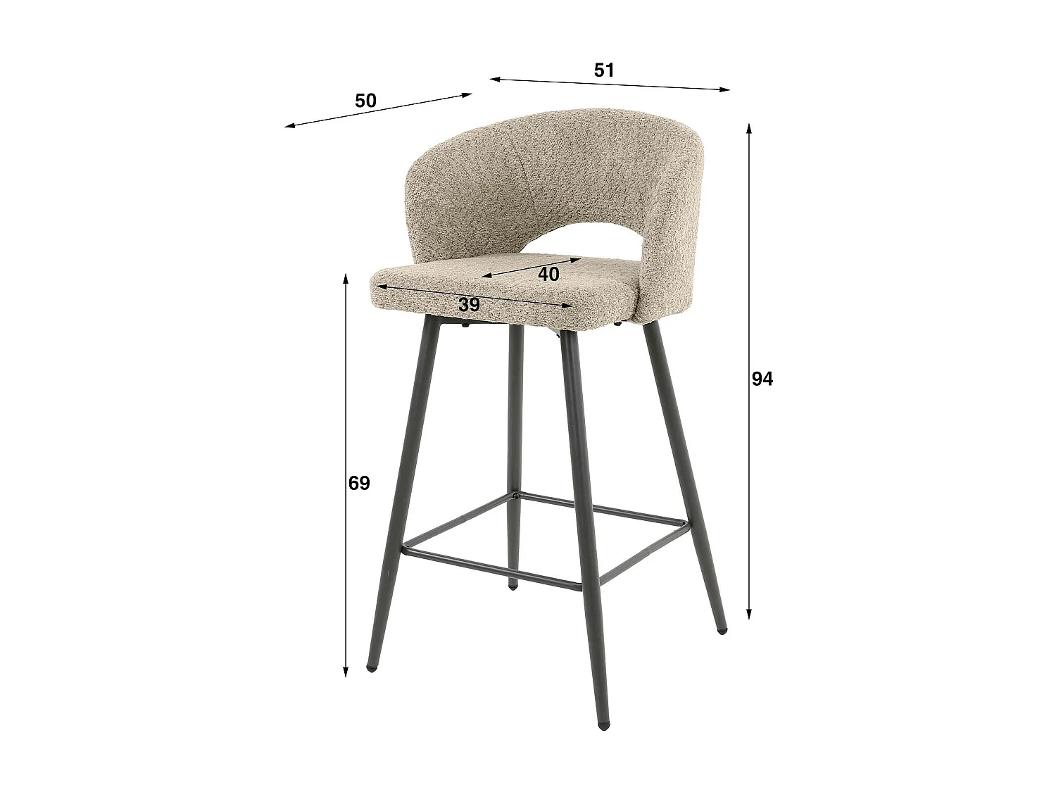 Tabouret de bar en tissu bouclette gris avec dossier ouvert (lot de 2) GALWAY