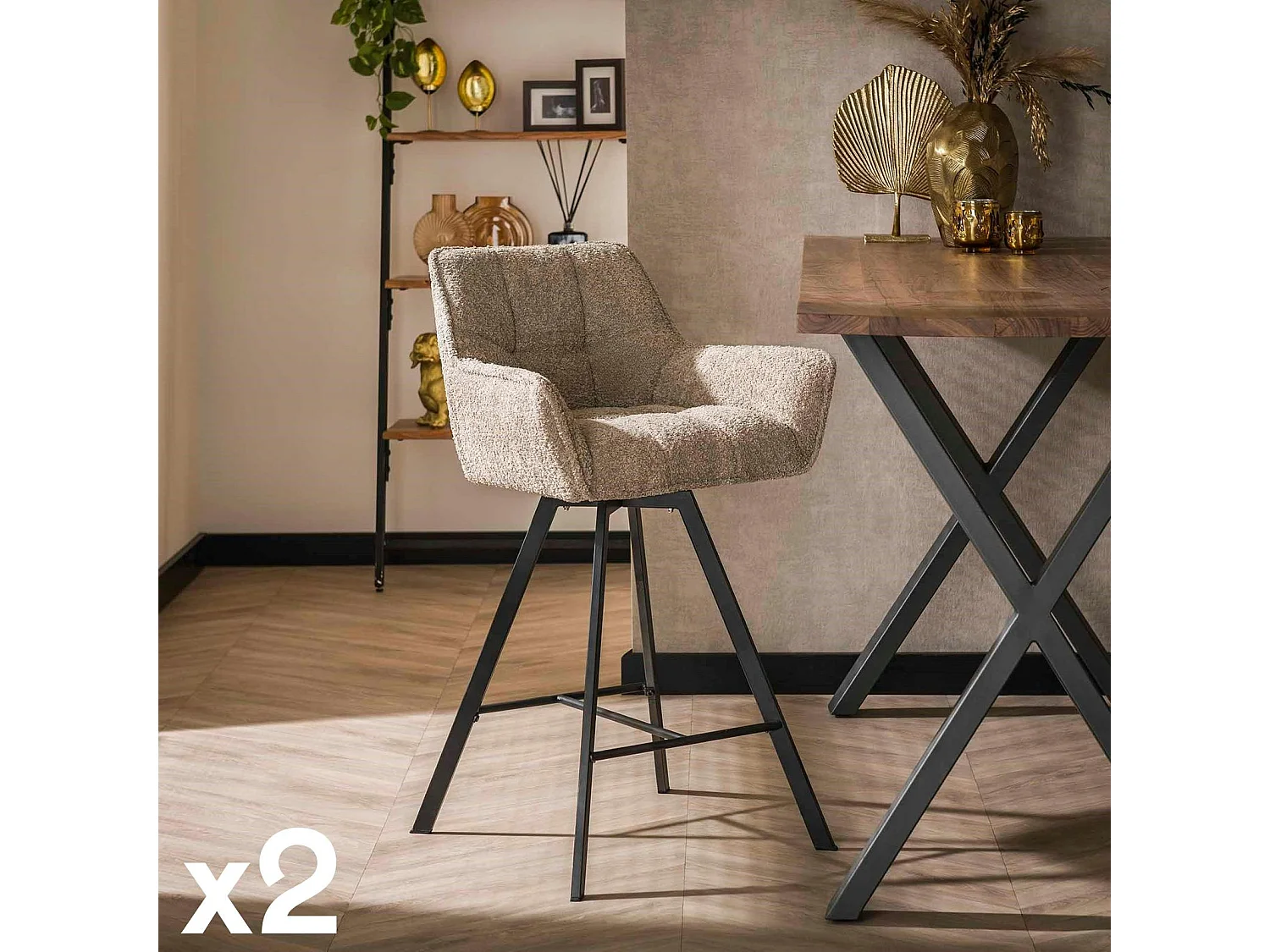 Chaise de bar confortable en bouclette sable avec fonction pivotante (lot de 2) MELBOURNE