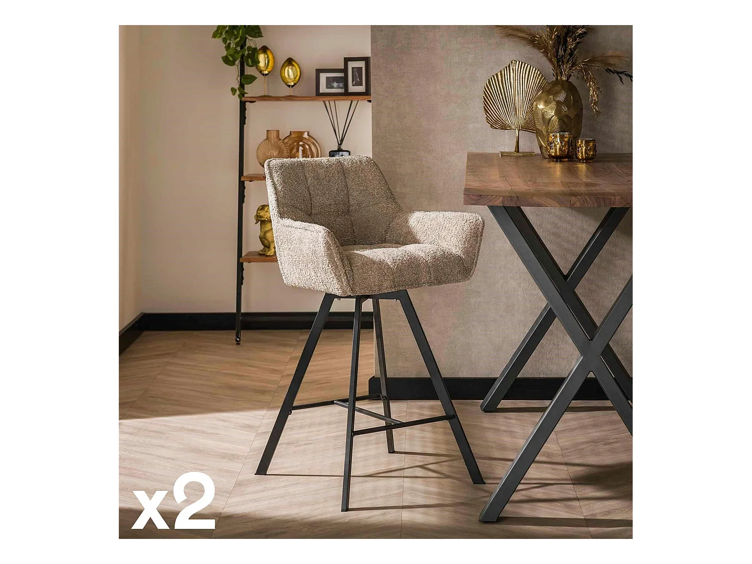 Chaise de bar confortable en bouclette sable avec fonction pivotante (lot de 2) MELBOURNE