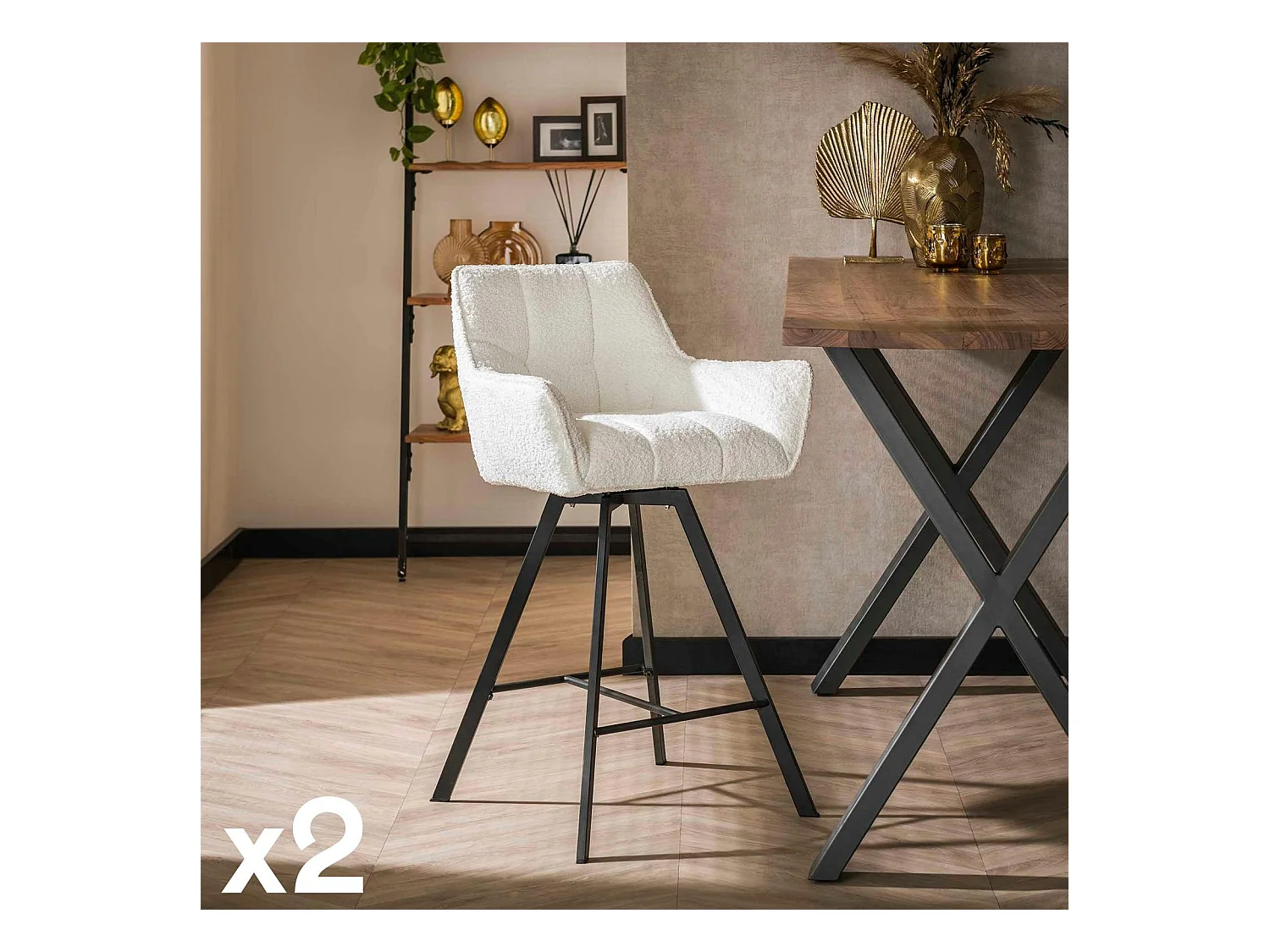 Chaise de bar confortable en bouclette blanche avec fonction pivotante (lot de 2) MELBOURNE
