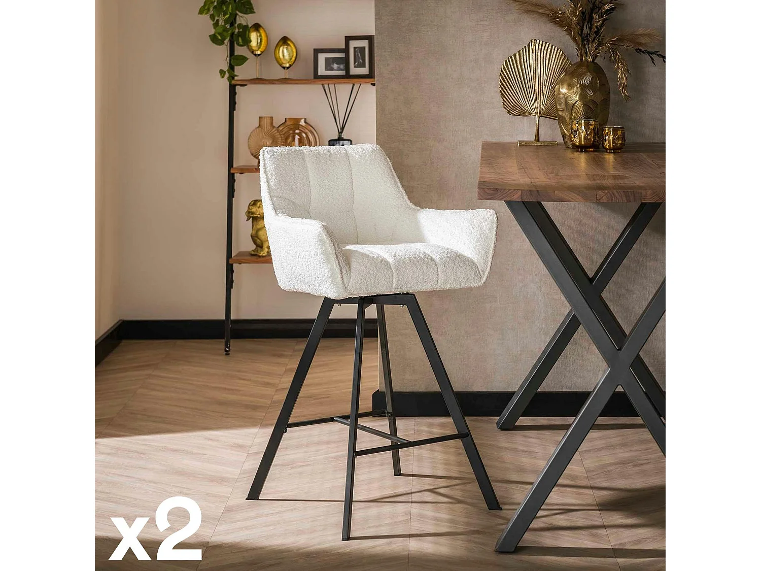 Chaise de bar confortable en bouclette blanche avec fonction pivotante (lot de 2) MELBOURNE