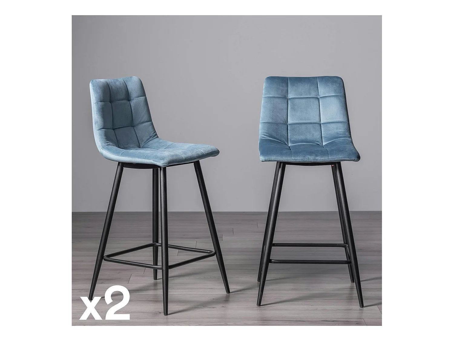Chaise de bar en velours bleu motif carreaux (lot de 2) ALTA