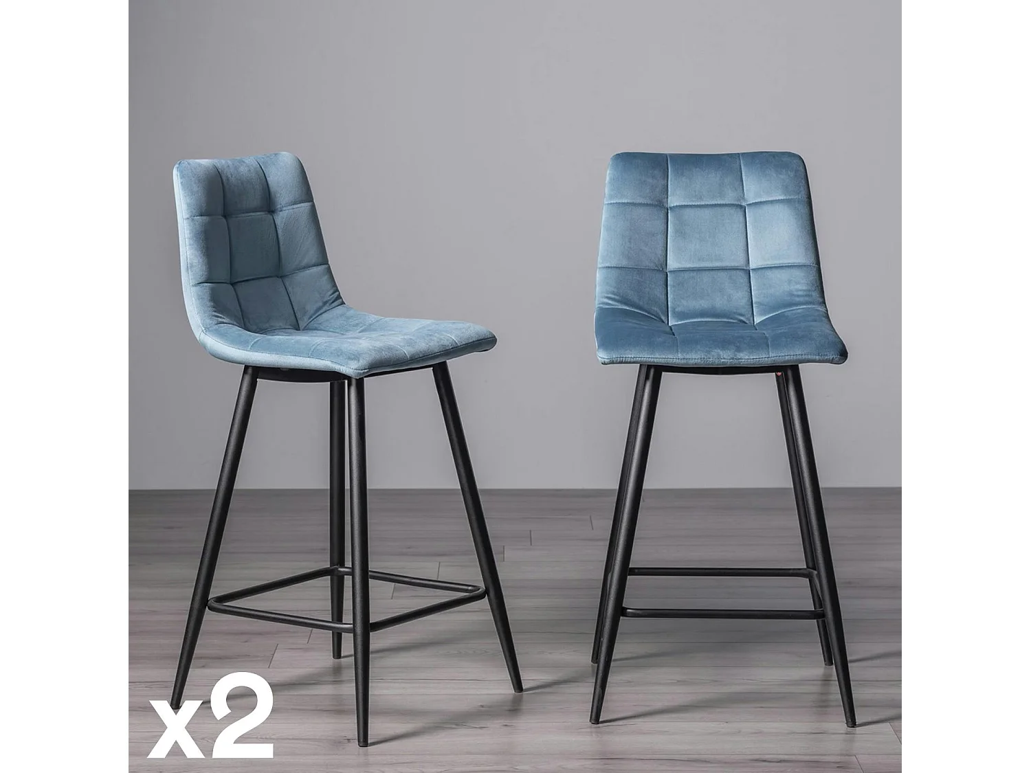 Chaise de bar en velours bleu motif carreaux (lot de 2) ALTA