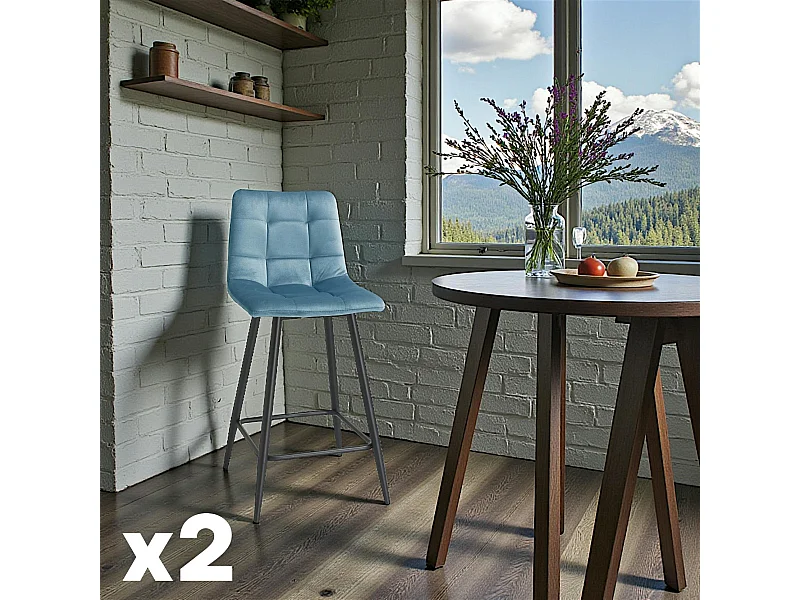 Chaise de bar en velours bleu motif carreaux (lot de 2) ALTA