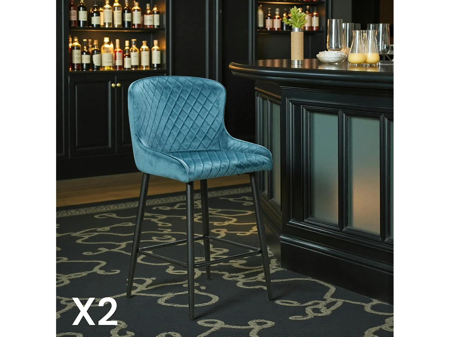 Chaise de bar en velours bleu (lot de 2) ARLINGTON