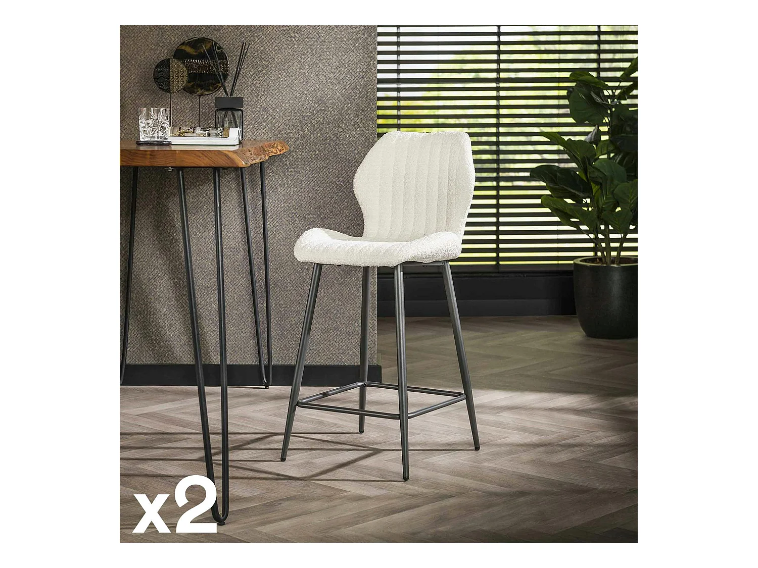 Chaise de bar blanche en bouclette avec repose-pieds (lot de 2) GALWAY
