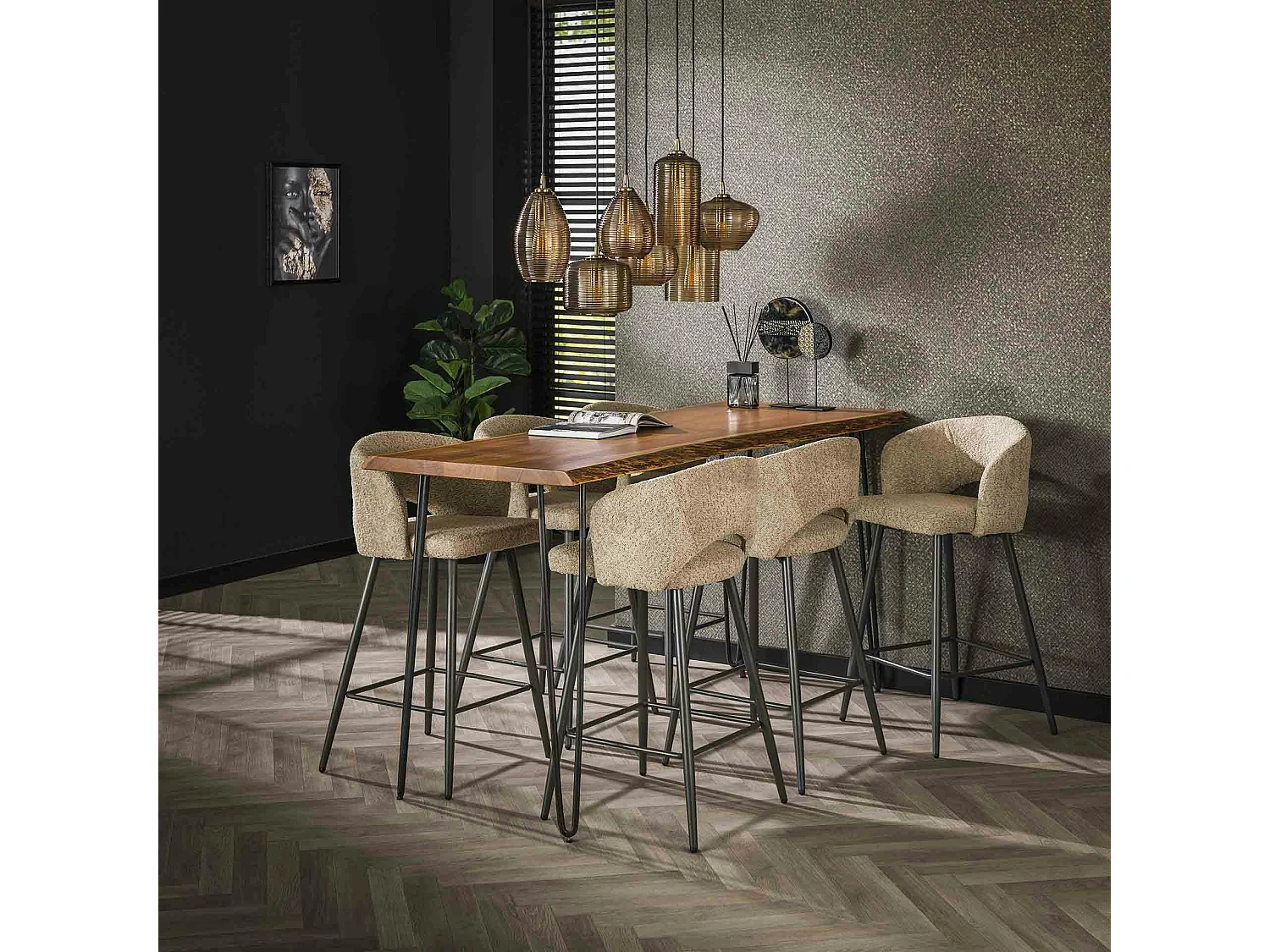 Tabouret de bar en tissu bouclette sable avec dossier ouvert (lot de 2) GALWAY