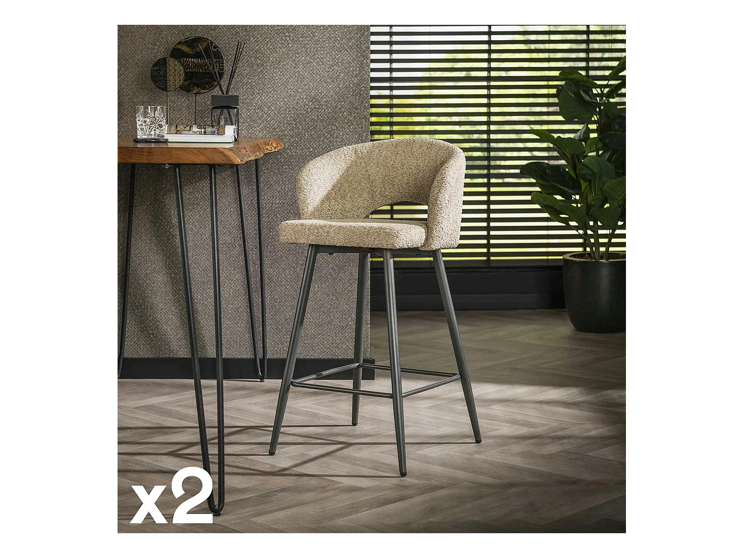 Tabouret de bar en tissu bouclette sable avec dossier ouvert (lot de 2) GALWAY