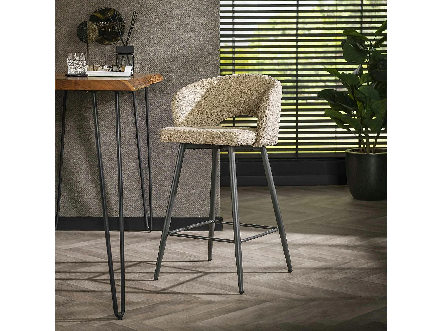 Tabouret de bar en tissu bouclette sable avec dossier ouvert (lot de 2) GALWAY