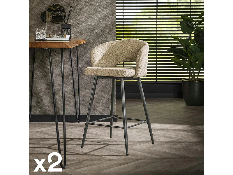 Tabouret de bar en tissu bouclette sable avec dossier ouvert (lot de 2) GALWAY