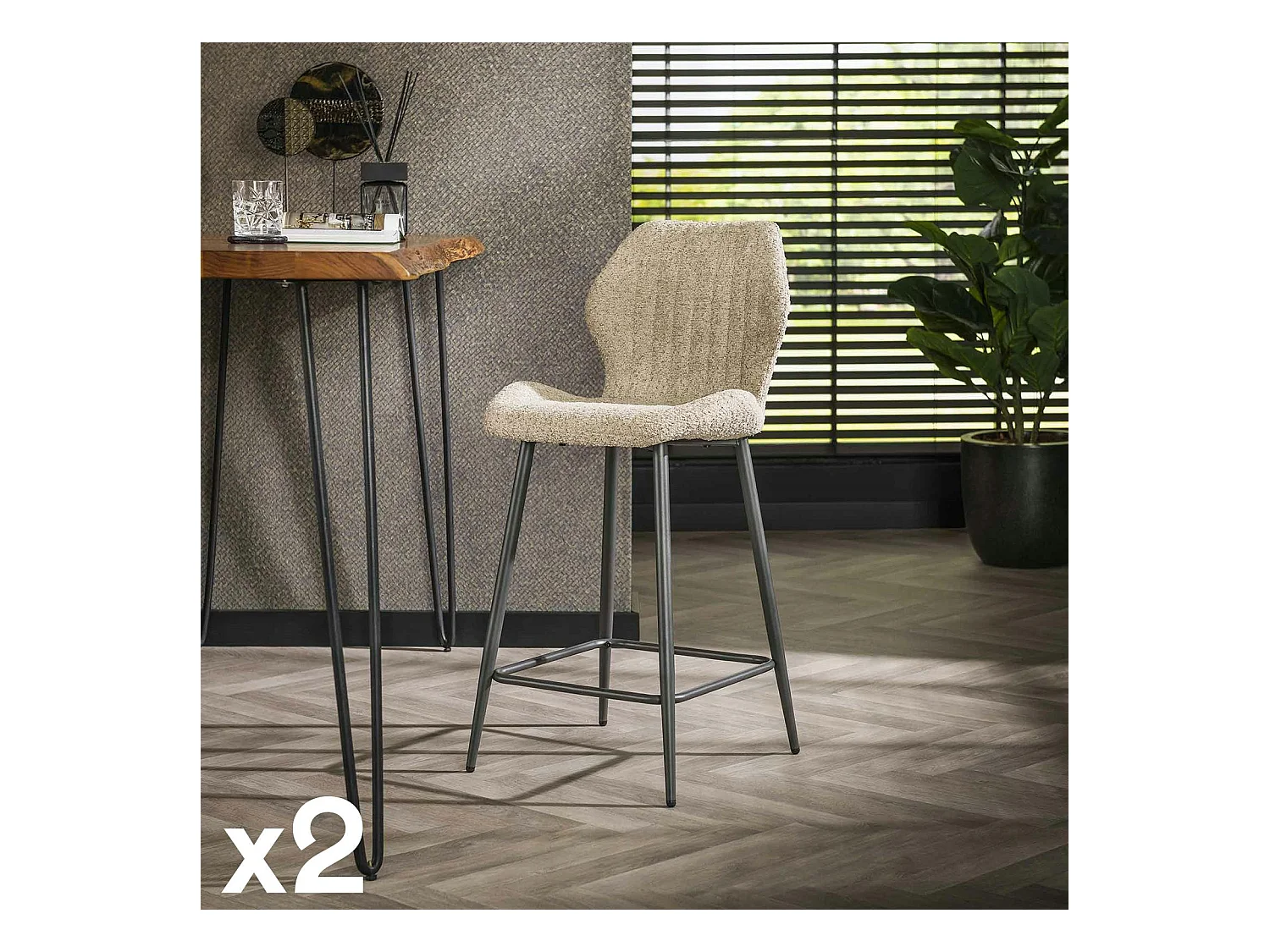 Chaise de bar beige en bouclette avec repose-pieds (lot de 2) GALWAY
