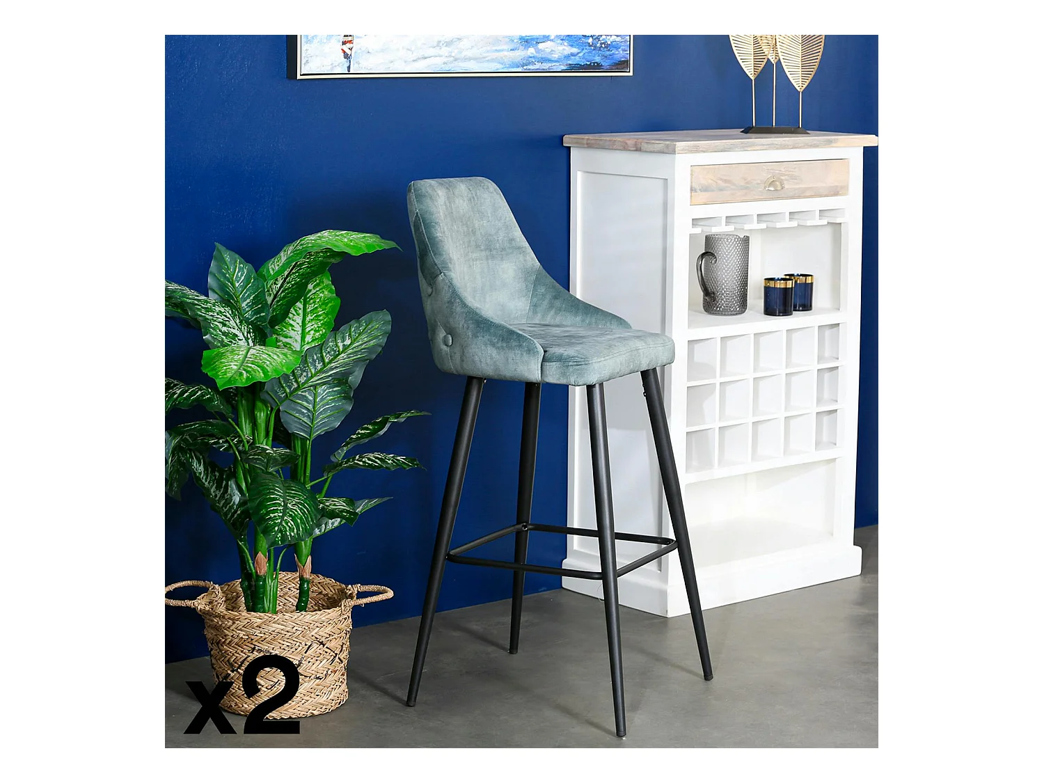 Chaise de bar velours bleu pétrole (lot de 2) MALMOE