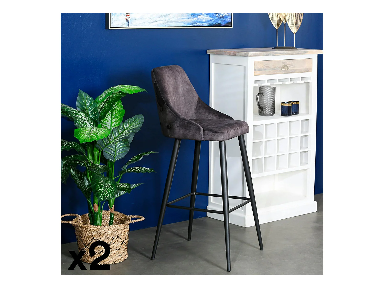 Chaise de bar velours gris anthracite (lot de 2) MALMOE
